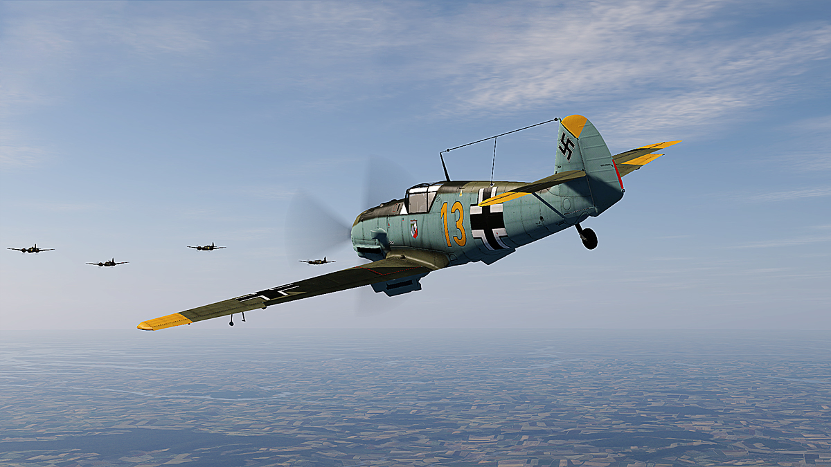 Asisbiz COD CF Bf 109E1 9.JG51 Yellow 13 begins its attack run on RAF ...