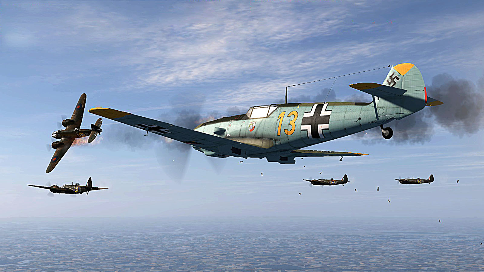 Asisbiz COD CF Bf 109E1 9.JG51 Yellow 13 shooting down a RAF Bristol ...