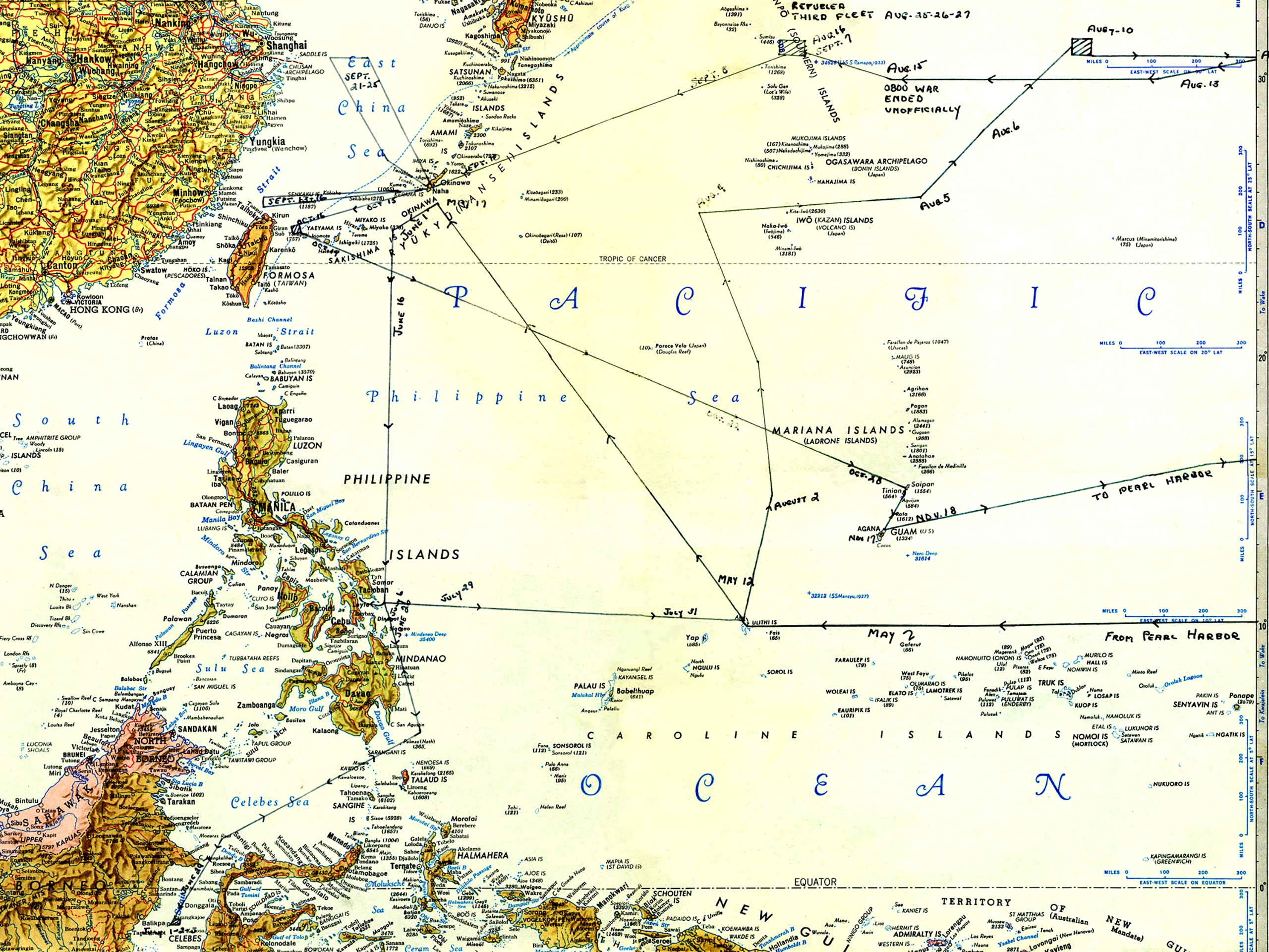 A map of the 1945-cruise of the USS Gilbert Islands (CVE-107) and VMF-512 operations