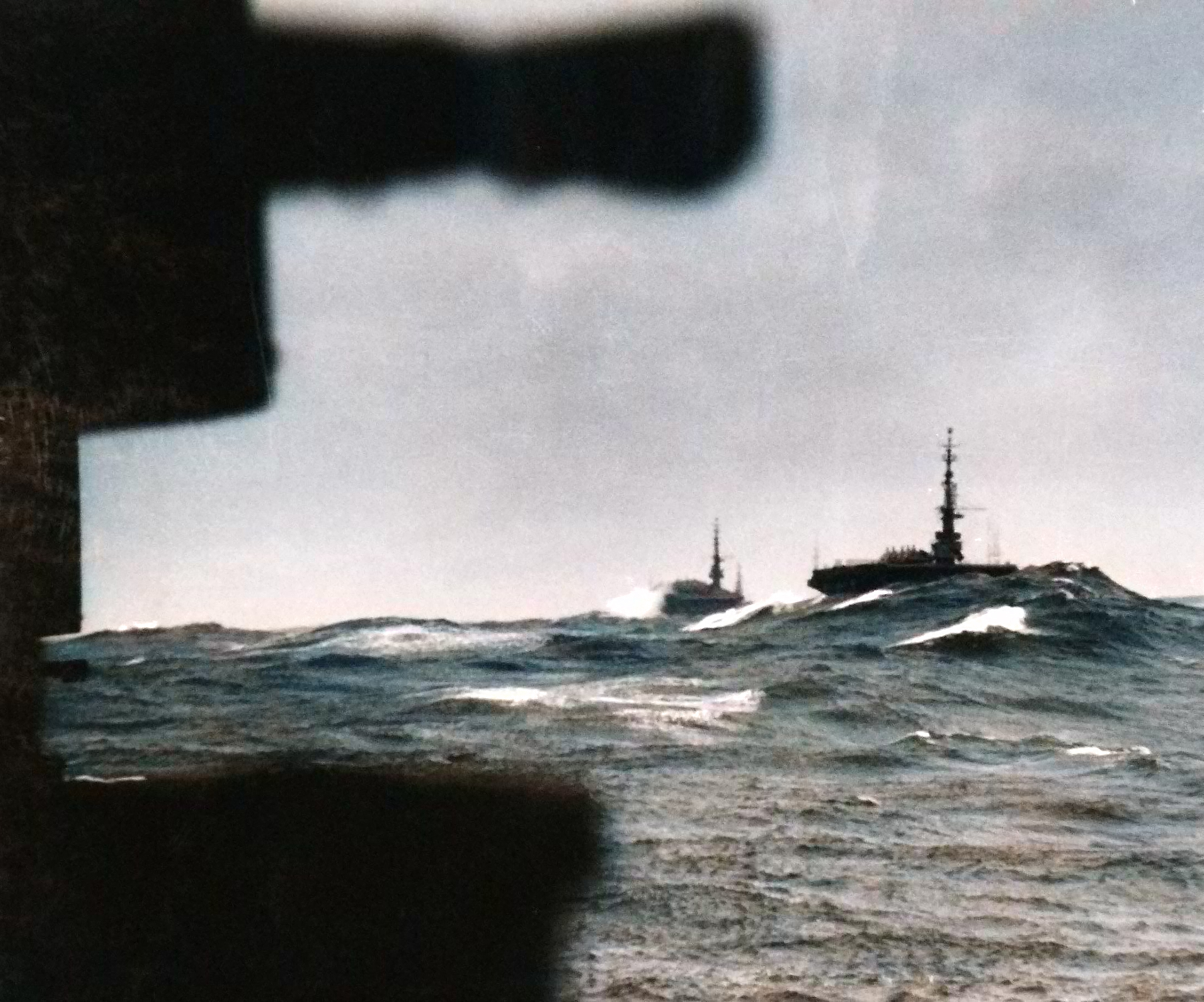 Carrier Division 27 successfully weathering China Sea Typhoon taken by USS Salerno Bay (CVE 110) Octo 1945