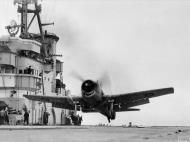 Asisbiz Fleet Air Arm Hellcat landing aboard HMS Vennerable in the Mediterranean Apr 1945 IWM A28674