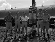 Asisbiz Aircrew RNZAF 18Sqn officers with New Zealand Fighter Wing scoreboard Ondonga New Georgia 01