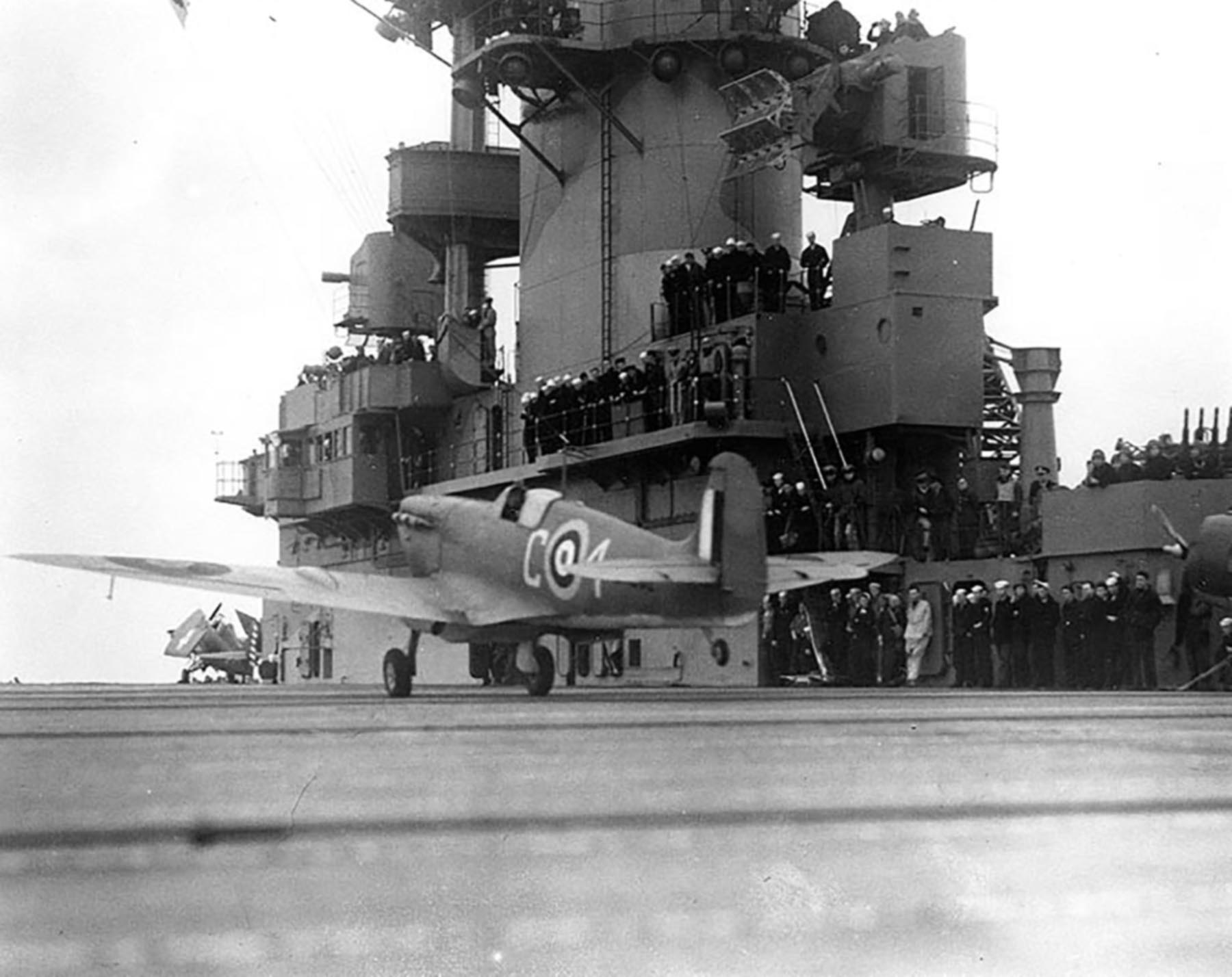 Asisbiz Supermarine Spitfire MkVc RAF 249Sqn S George Beurling BR323 Ta   Spitfire MkVb RAF C4 BR137 Takes Off From The USS Wasp CV 7 May 1942 01 