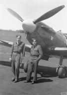 Asisbiz Spitfire MkVb RAF 64Sqn JA Plagis and AJ Hancock at Hornchurch Essex IWM CH10464