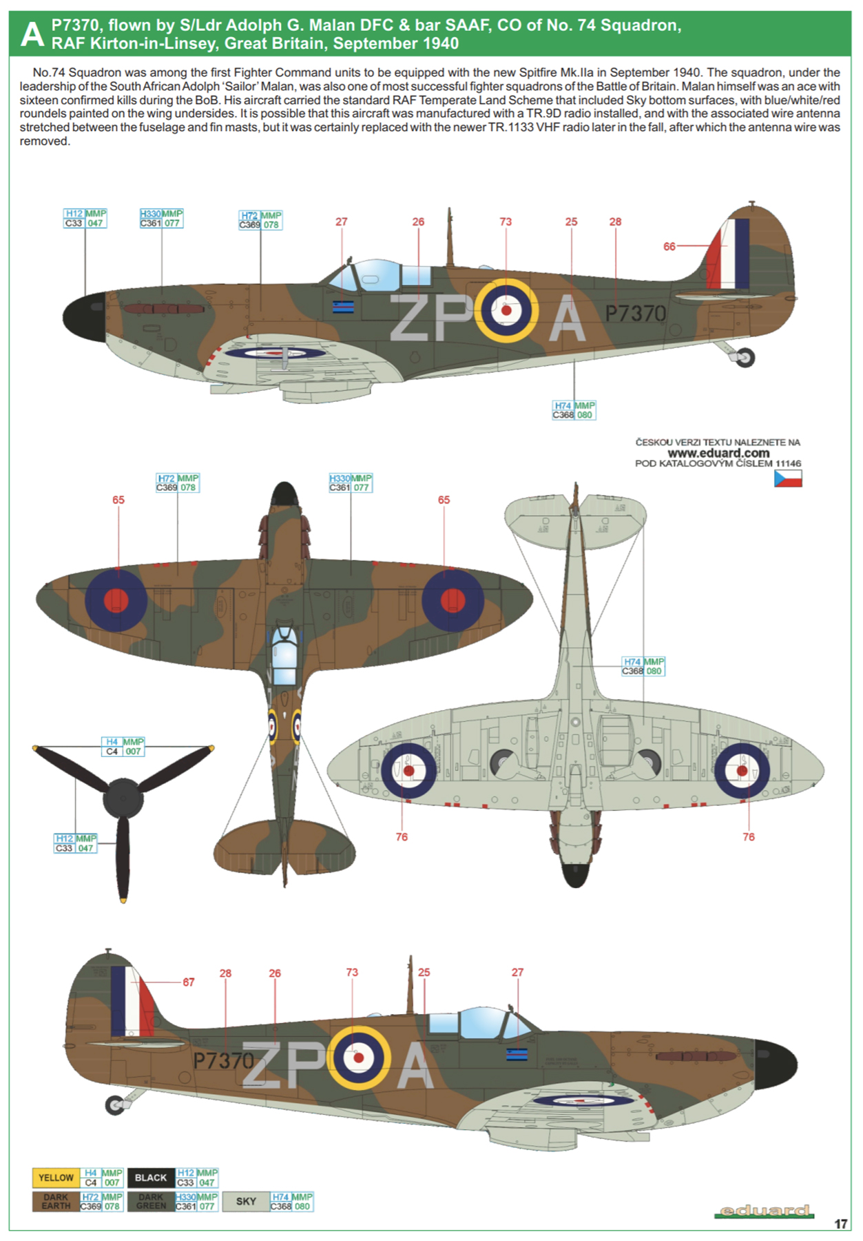 Asisbiz Spitfire MkI RAF 74Sqn ZPA SLdr Adolph G Malan P7370 Kirton in ...