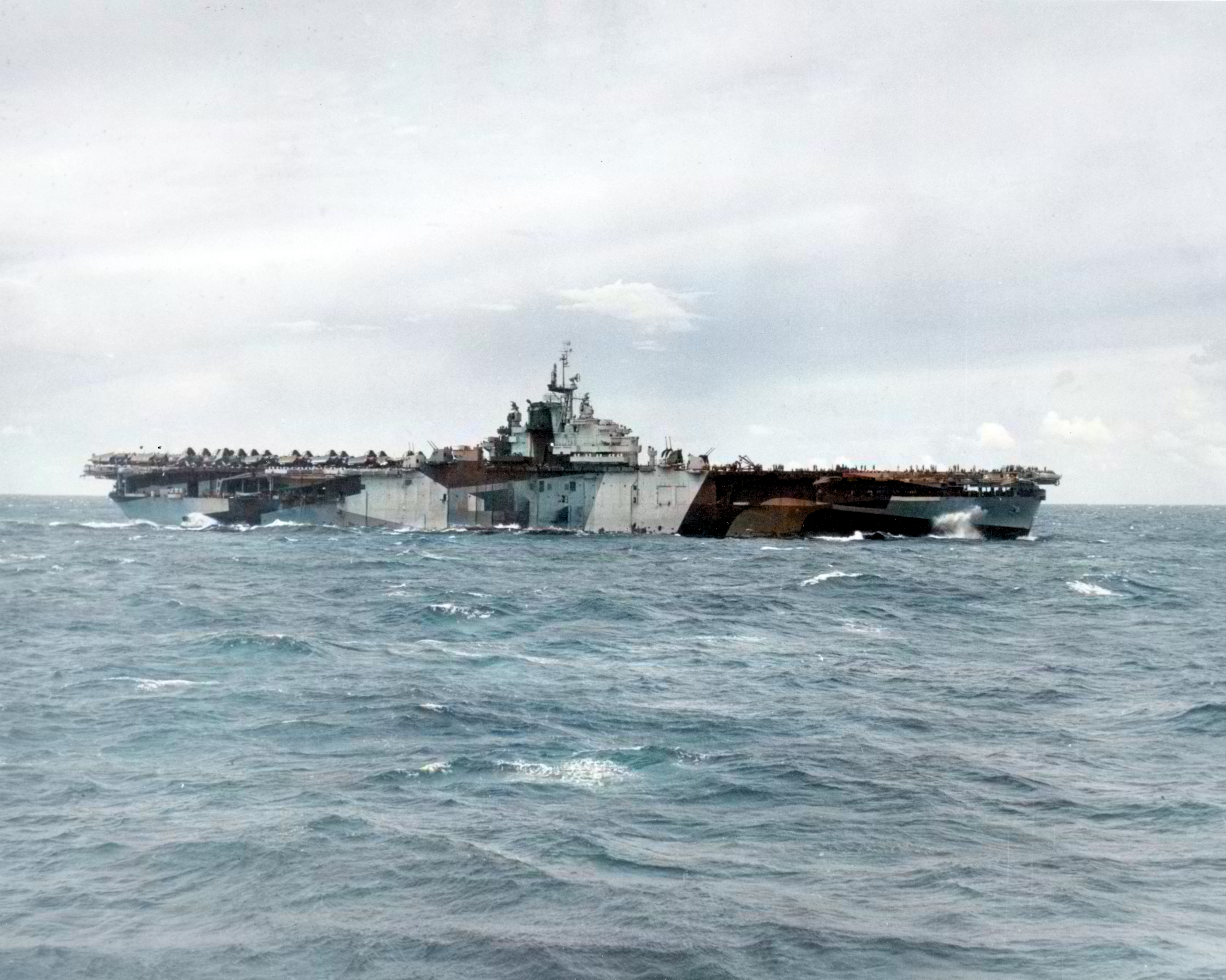 USS Franklin (CV 13) viewed from USS Hornet (CV 12) operating near the Marianas 1st Aug 1944 80 G 367248