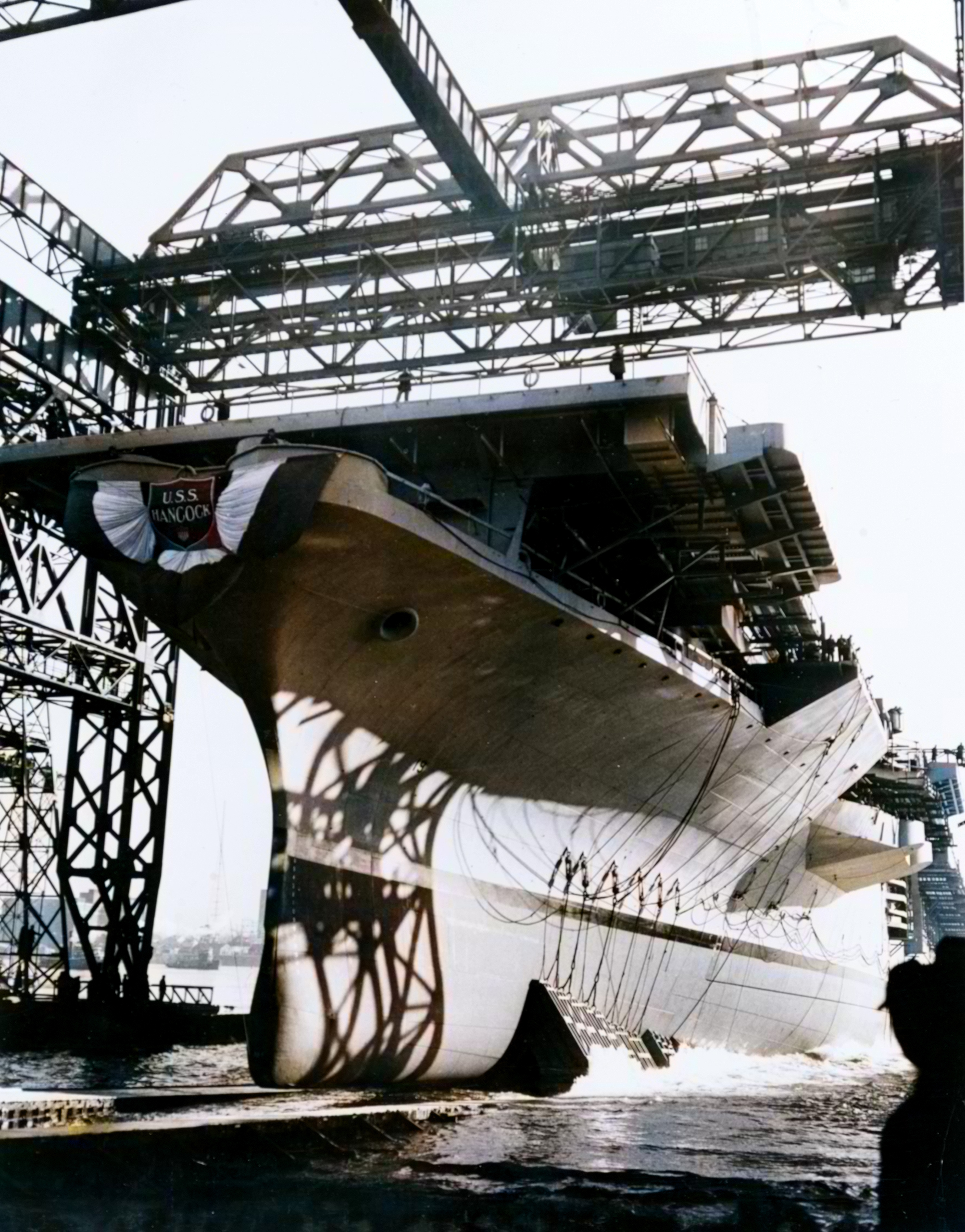 Asisbiz USS Hancock (CV-19) launching at the Bethlehem Steel Co Yard Quincy Massachusetts on 24th Jan 1944 NH 75626