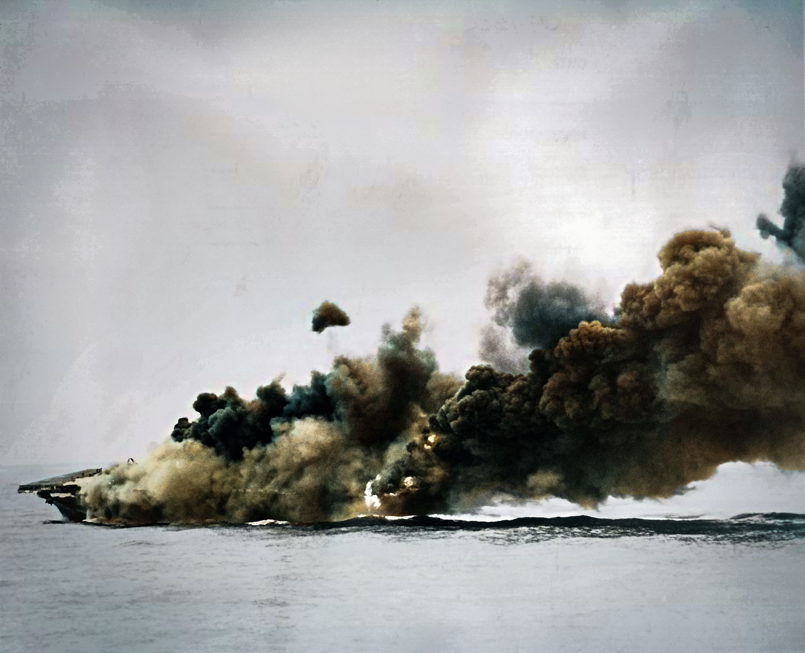 Asisbiz USS Hancock (CV-19) pictured after being hit by a kamikaze aircraft off Okinawa 7th Apr 1945 ASC2