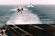 Asisbiz Vought F 8 Crusader landing aboard the carrier USS Hancock (CVA 19) off the Gulf of Tonkin 13th Mar 1971 K 88448