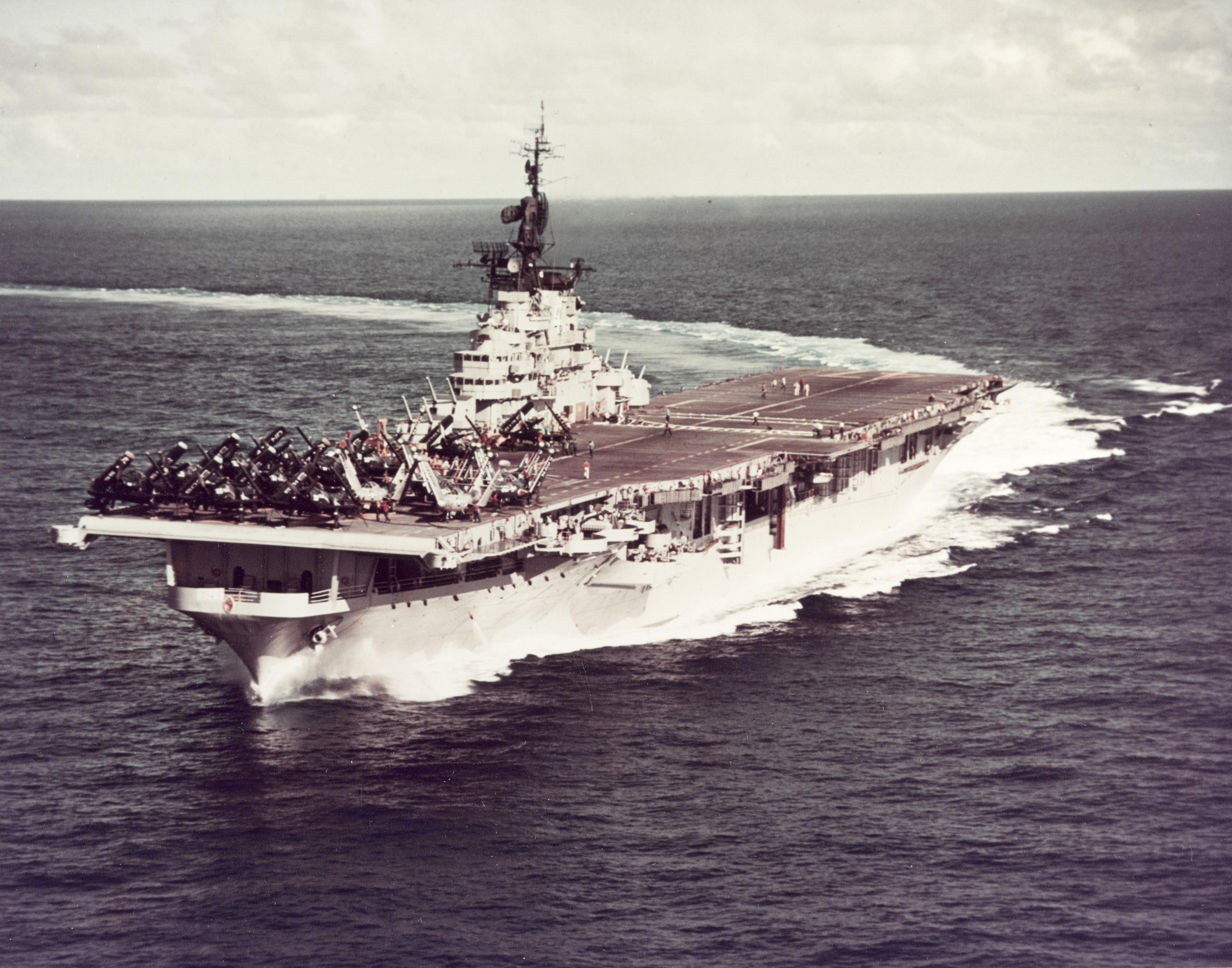 USS Philippine Sea (CVS-47) showing AD and F9F aircraft parked on the flight deck 19th July 1955