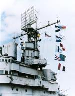 Asisbiz USS Ranger (CV 4) view of radars and other antennas with signal flags flying Feb 1943 80 G K 1069