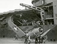 Asisbiz Vought SB2U Vindicator after being off loaded onto the dock from the hangar deck of USS Ranger (CV 4) Aug 1942 80 G 35100