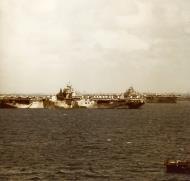 Asisbiz USS Hancock (CV 19) and USS Wasp (CV 18) at Ulithi Anchorage Mar 1945 seen from USS West Virginia 80 G K 3814